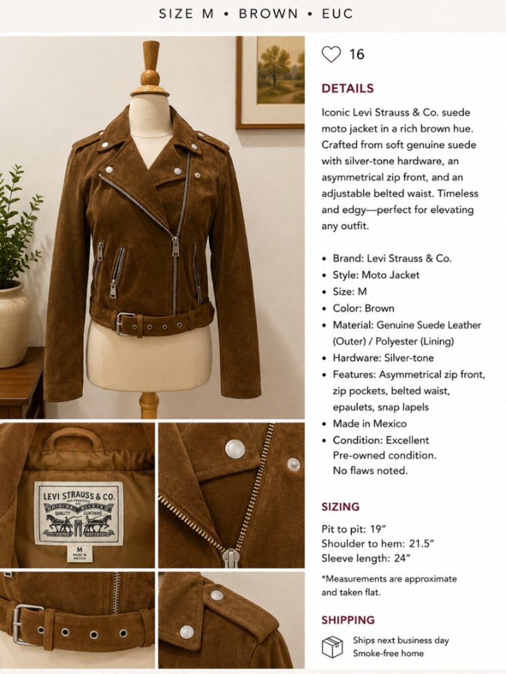 Levi Strauss & Co. Genuine Suede Moto Jacket | Size Medium | Brown | EUC
